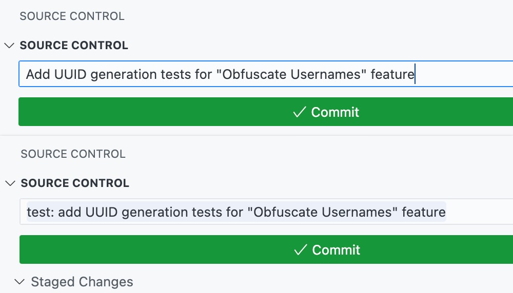 Example of GitHub Copilot generated commit message using Conventional Commits format