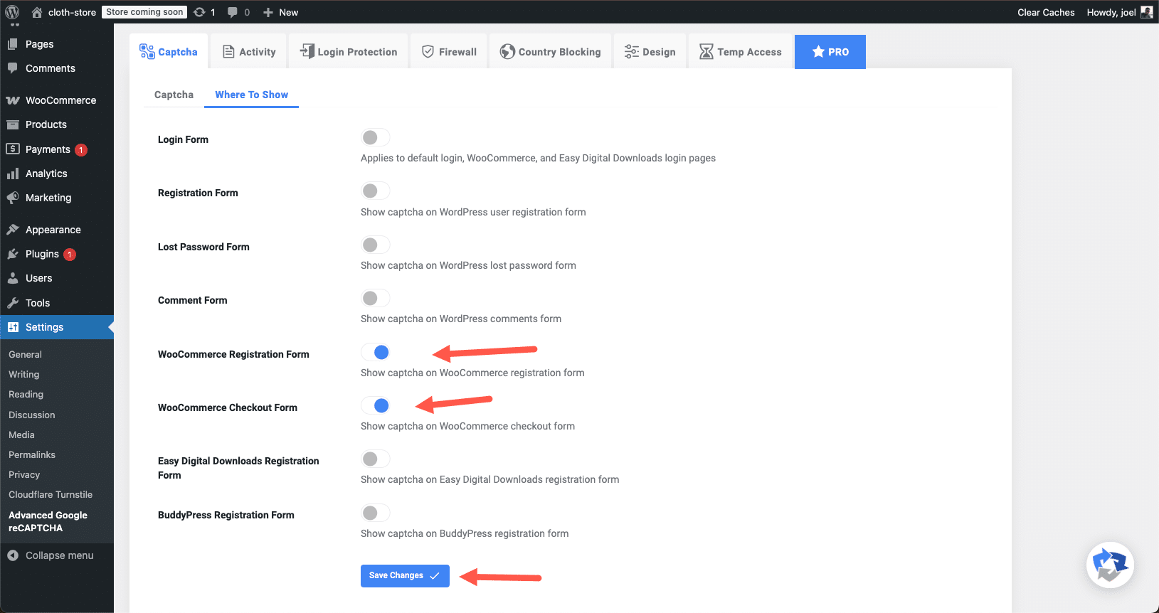 Enabling Google reCAPTCHA on WooCommerce checkout and registration forms.