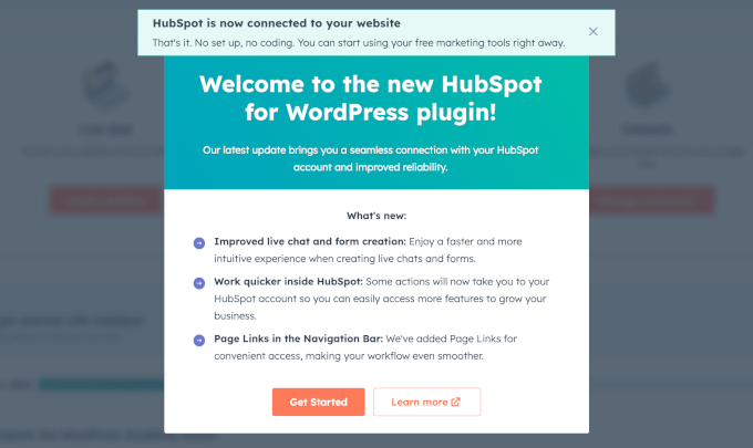 HubSpot welcome message after completing setup