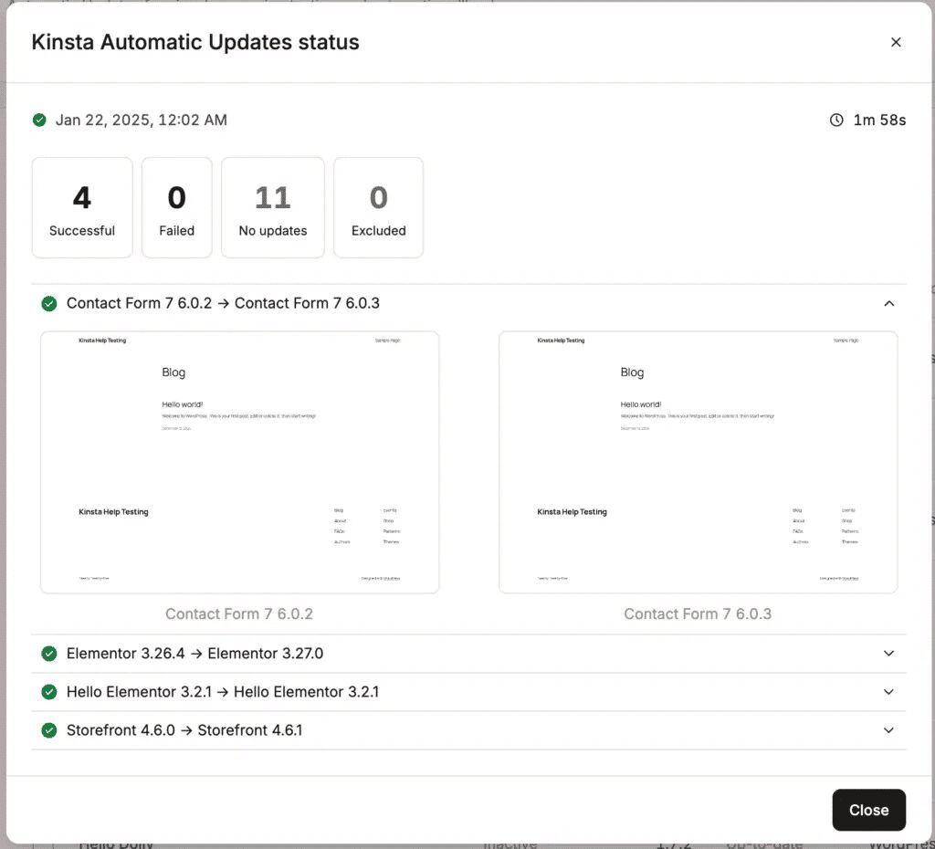 Kinsta Automatic updates status