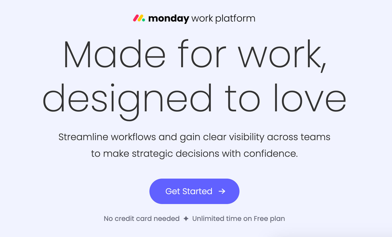 Monday.com sign-up page with get started button