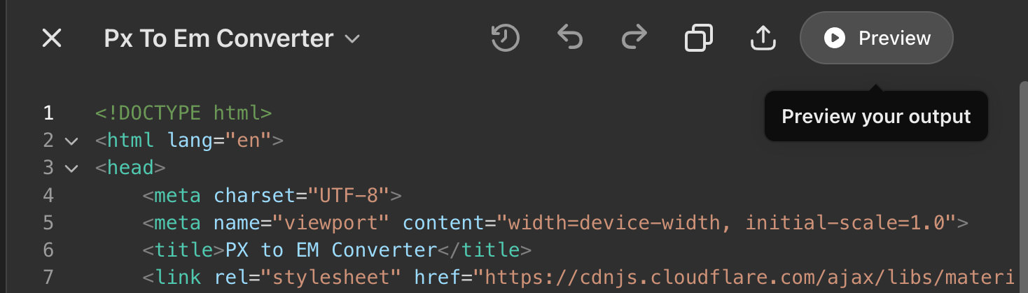 Preview of PX to EM converter tool in ChatGPT Canvas mode