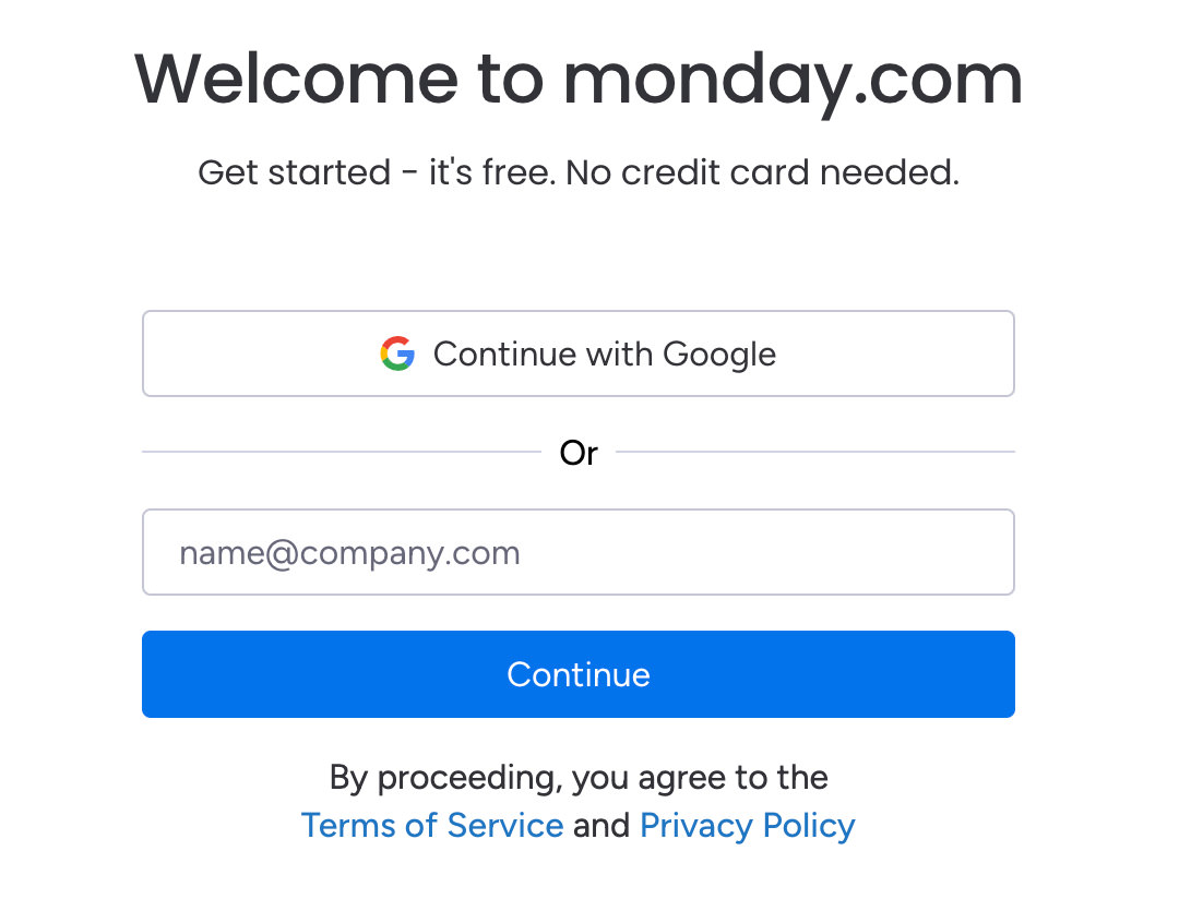 Monday.com registration options for email or Google account