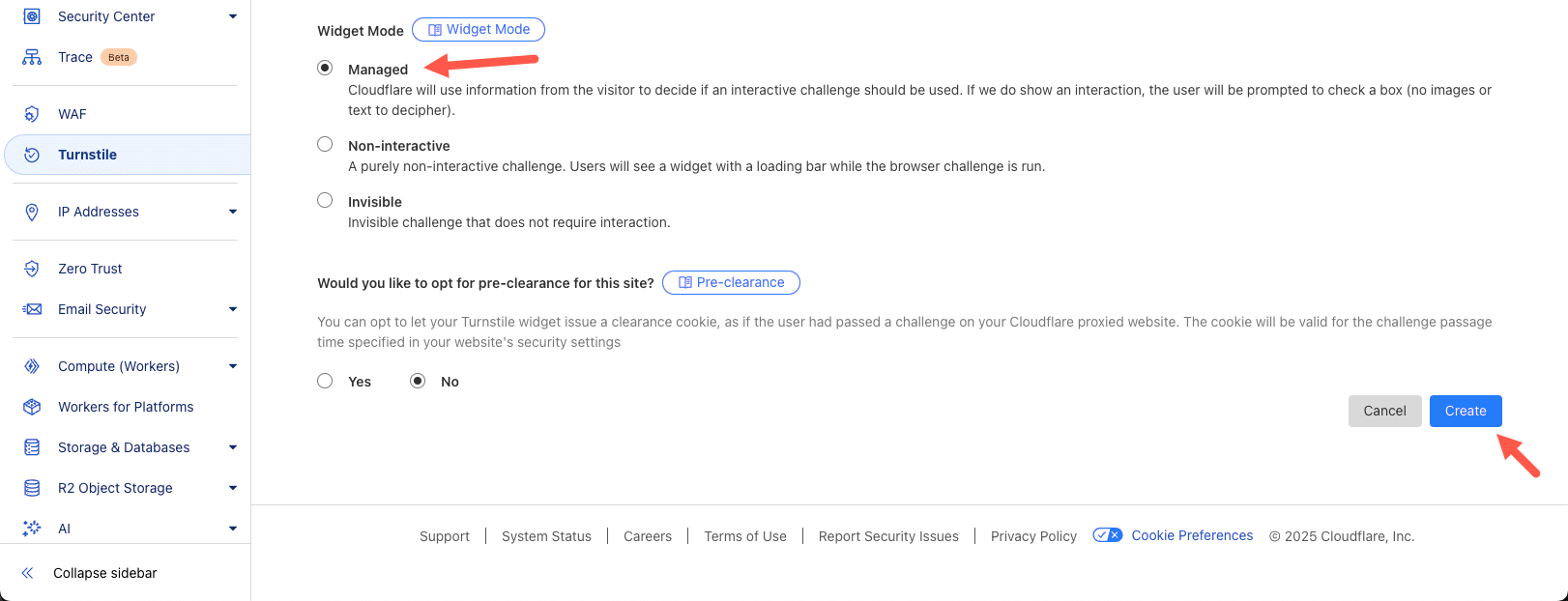 Selecting Managed Widget Mode in Cloudflare Turnstile.