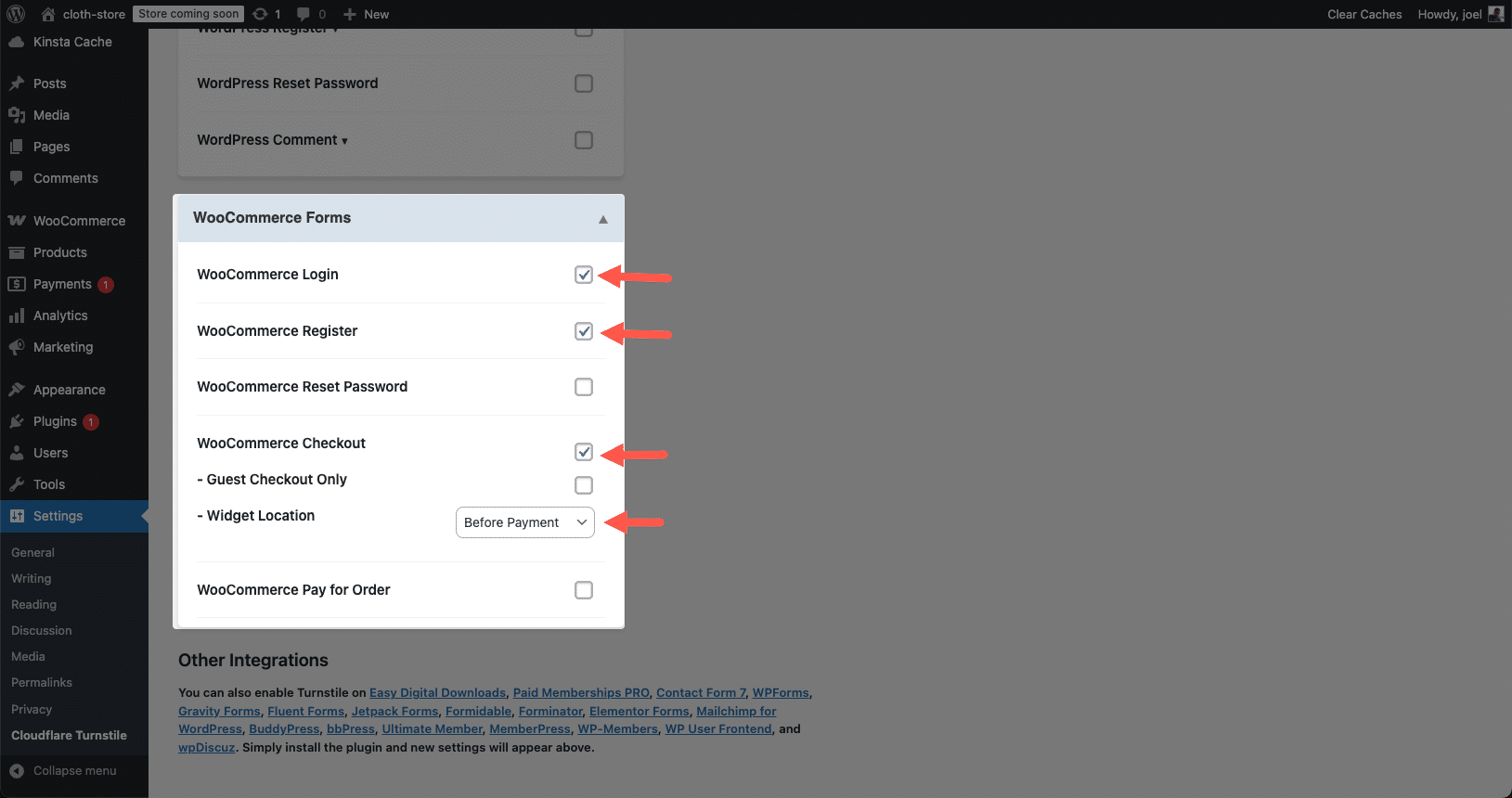 Enabling Cloudflare Turnstile CAPTCHA on WooCommerce forms.