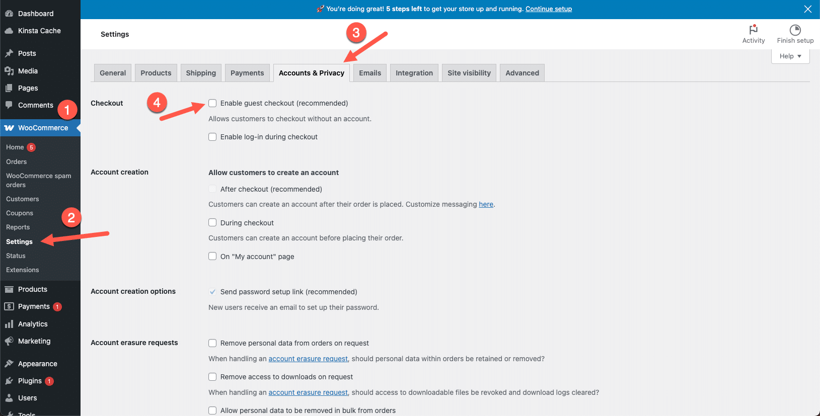 Disabling guest checkout in WooCommerce to prevent spam orders.