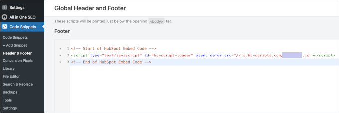 Adding HubSpot tracking code to site's footer using WPCode