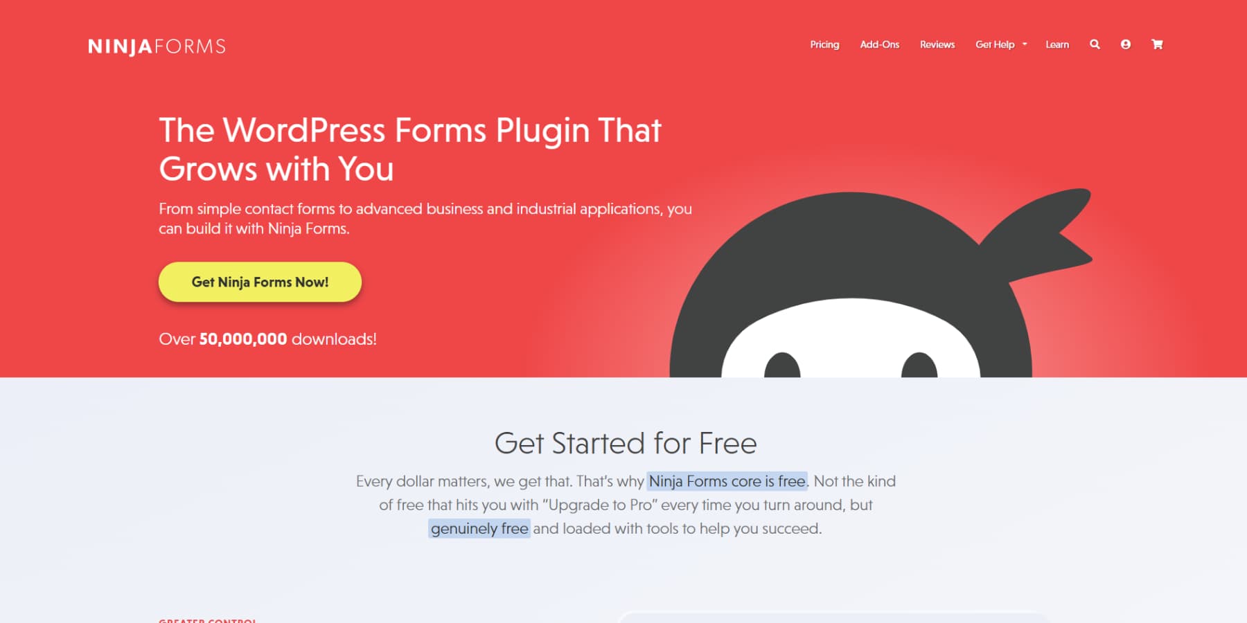 A screenshot of Ninja Forms' homepage
