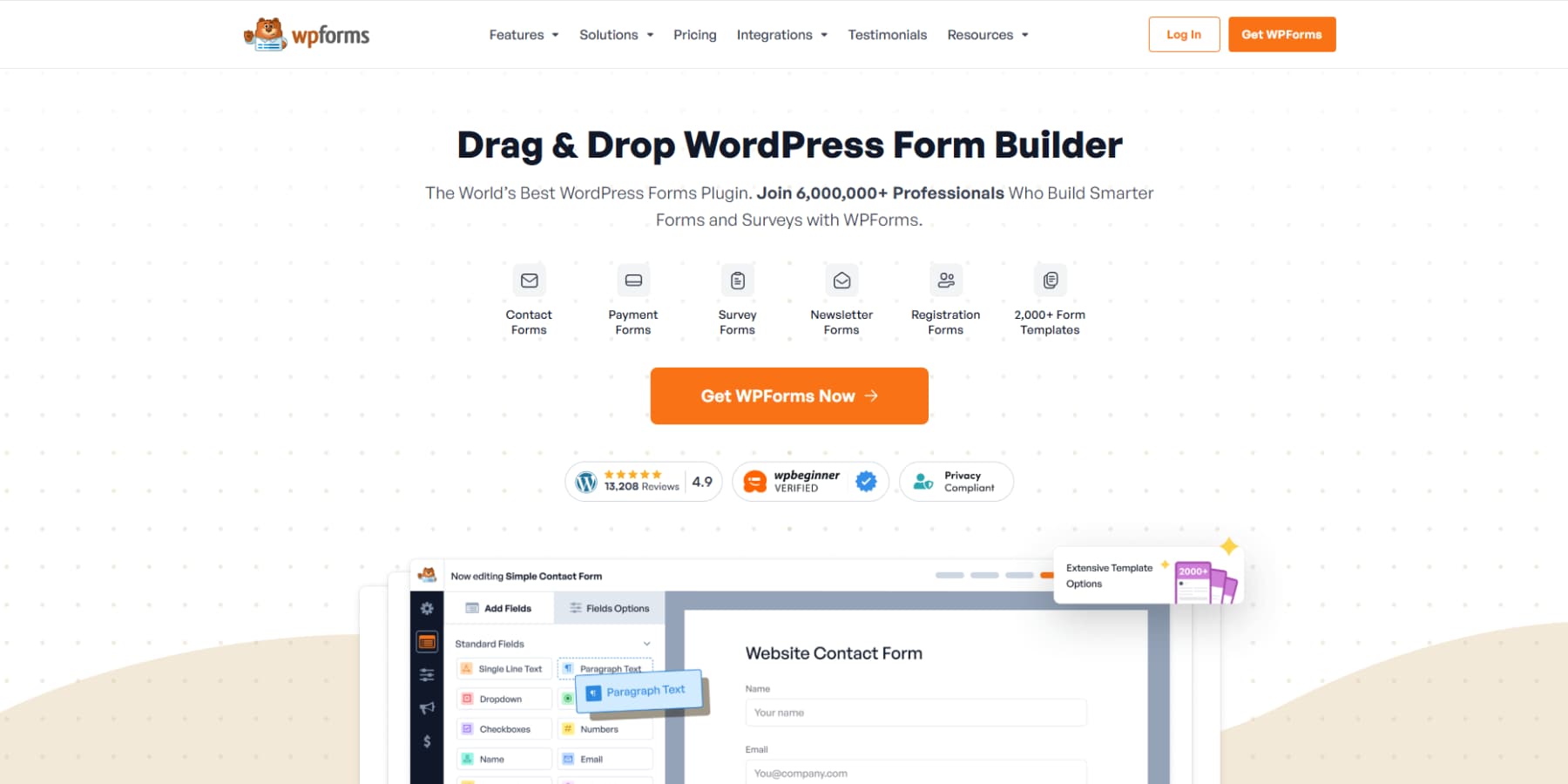 A screenshot of WPForms' homepage