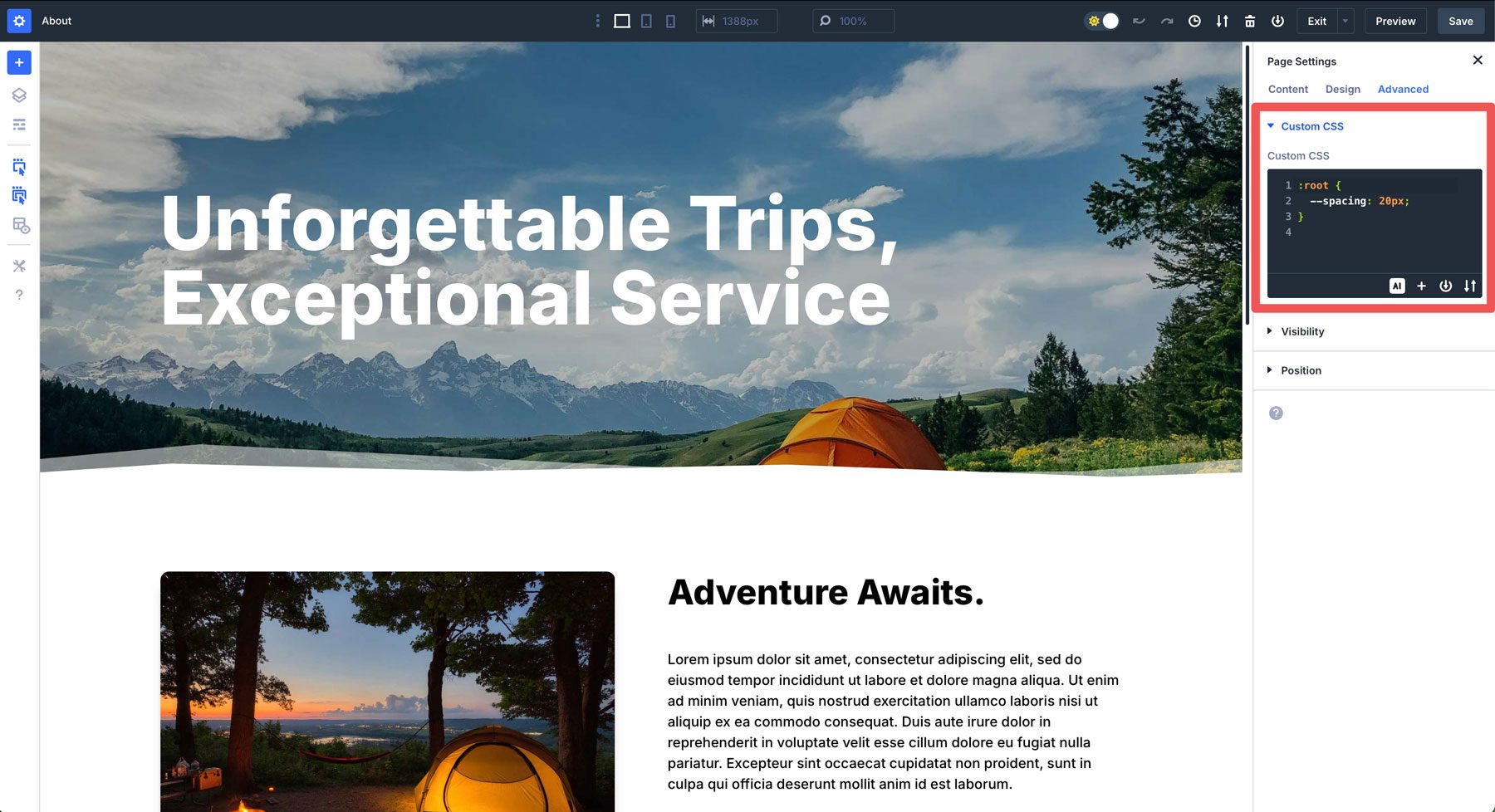 Divi page settings