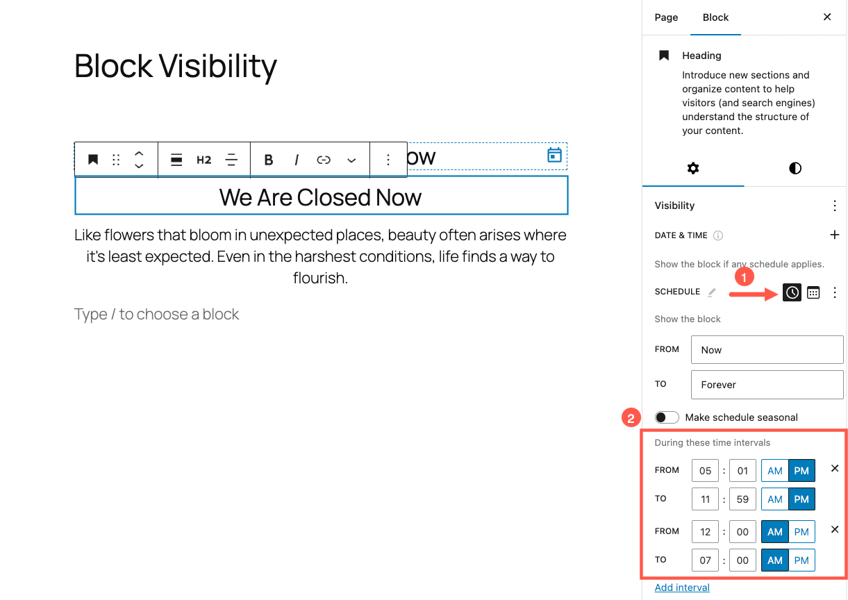 Apply more than one time interval to WordPress block