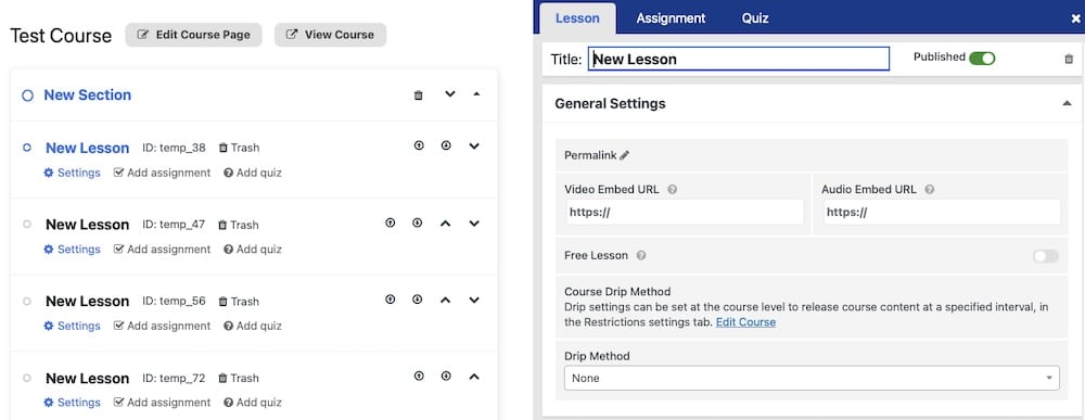 A screenshot of the dialog for adding a new lesson within the LifterLMS WordPress plugin for education.