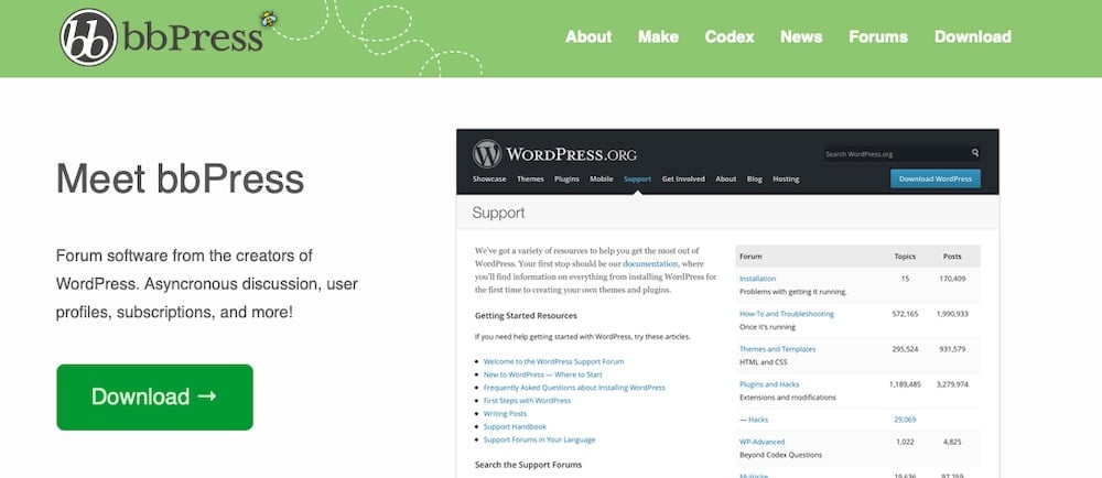 A screenshot of the official website of the bbPress WordPress plugin.