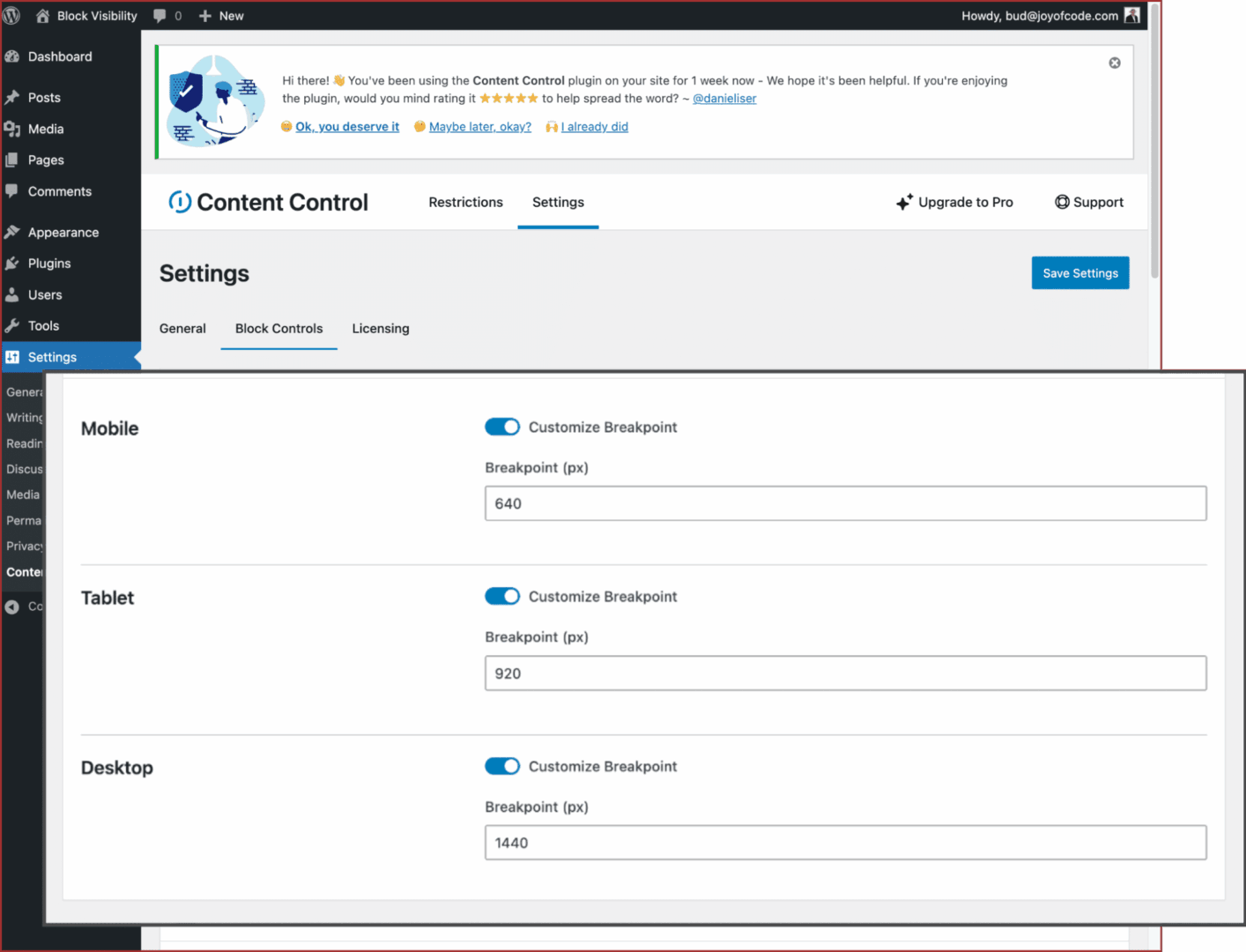 View of block settings showing adjustable breakpoints