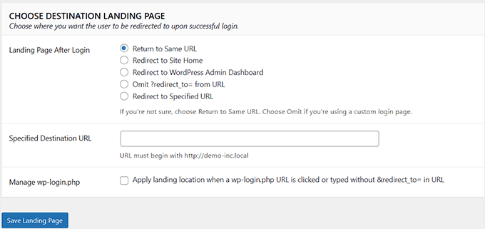 Choose the landing page where logged in users will be redirected