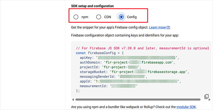 Copy the Firebase SDK config