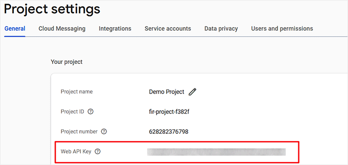 Copy the web API key for Firebase