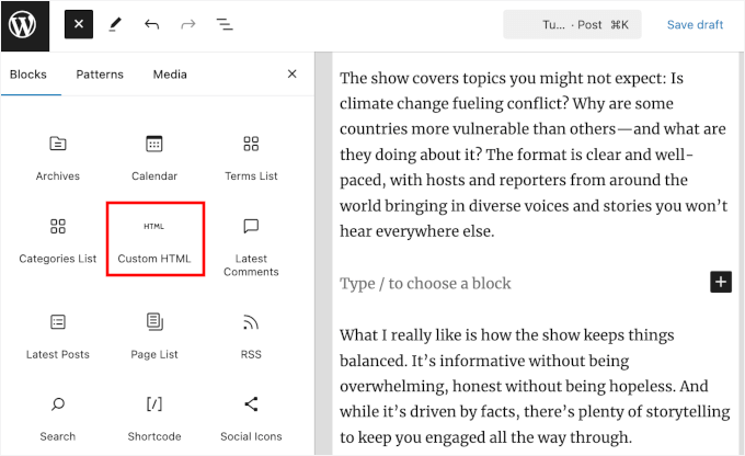 Custom HTML block