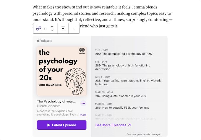 Apple Podcasts preview in the content editor