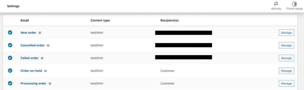 A screenshot showing a list of email types in the WooCommerce settings panel.