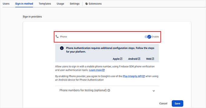 Enable the phone option in Firebase