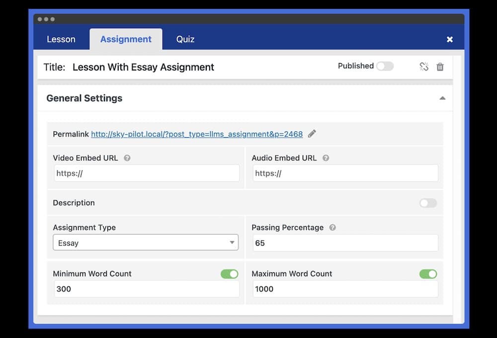 A screenshot of the dialog for editing assignment details within the LifterLMS WordPress plugin for education.