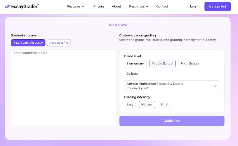 A screenshot of the EssayGrader website.