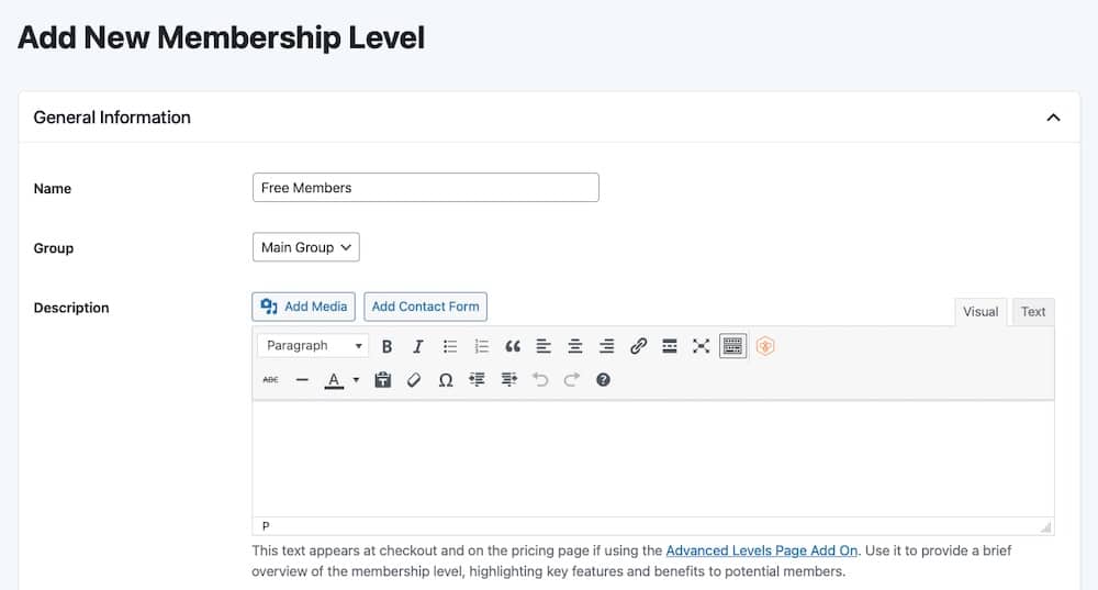Screenshot showing the interface for creating a membership level. 