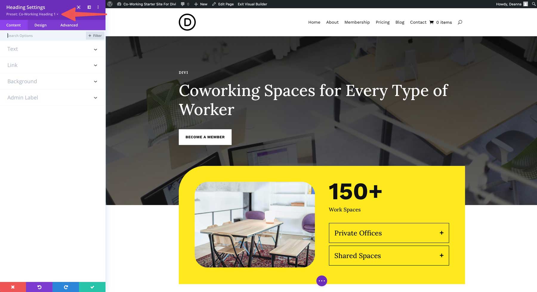 Co-Working starter site for Divi