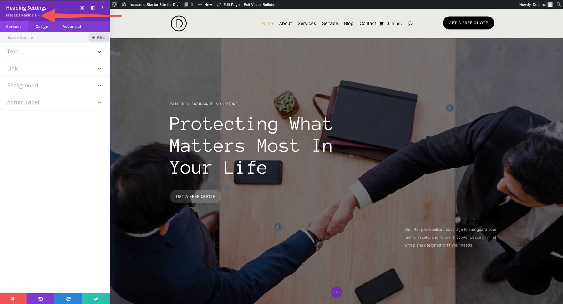 insurance starter site for Divi