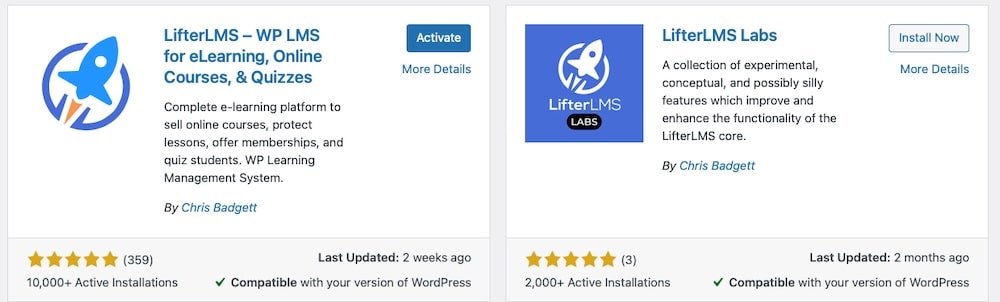 A screenshot of the WordPress plugin repository showing LifterLMS offerings.