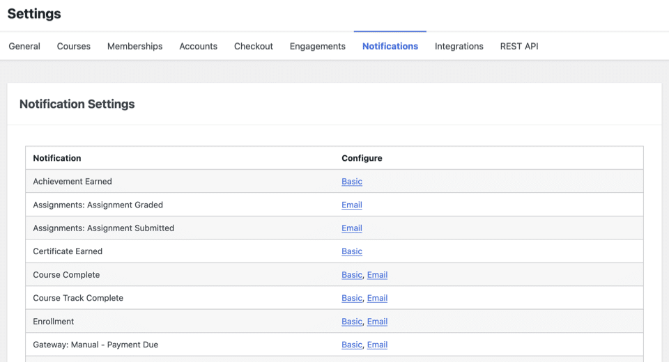 A screenshot of the interface for configuring notifications within the WordPress plugin LifterLMS for education.
