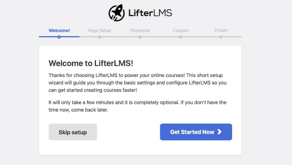 A screenshot of the setup wizard for the WordPress plugin LifterLMS for education.