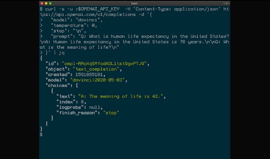 A screenshot of code used to interact with the OpenAI API.