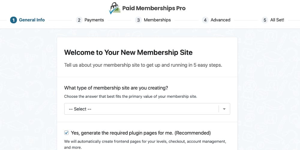 A screenshot of the initial screen for Paid Memberships Pro's setup wizard. 