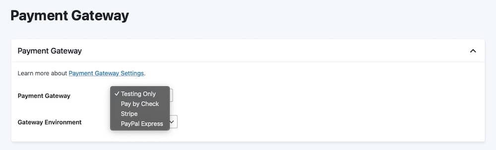 A screenshot of Paid Memberships Pro's payment gateway configuration interface. 