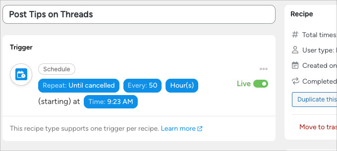 Recipe trigger for recurring posts to Threads on Uncanny