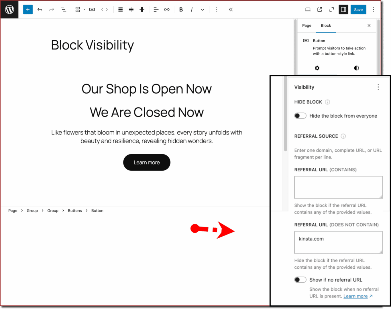 The button is hidden on the front-end since the referring URL contains kinsta.com
