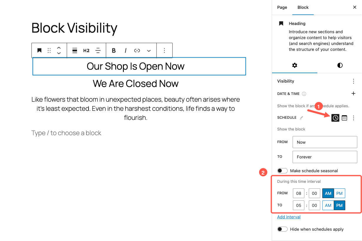 Apply schedule to WordPress blocks
