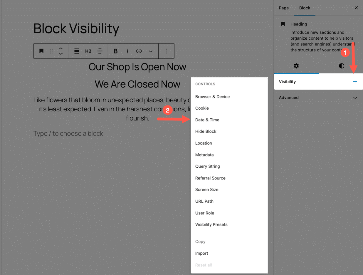 Screenshot of all available conditions, including Date & Time
