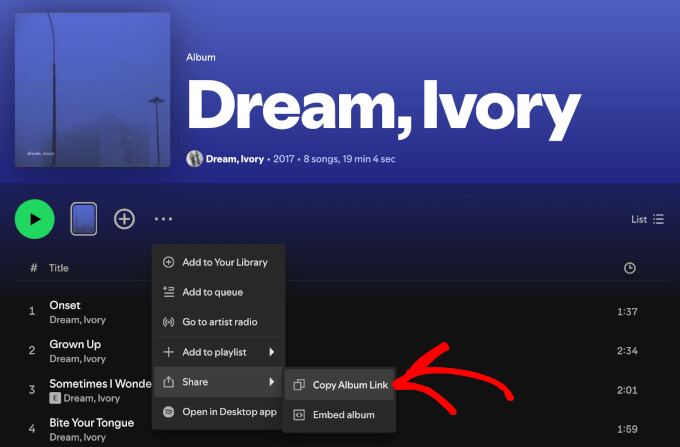 The Copy album link button