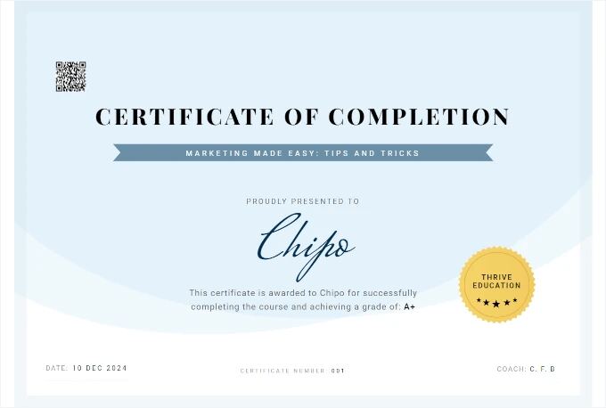 Thrive Apprentice's certificate with grading