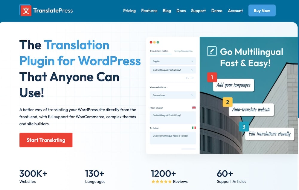 A screenshot of the TranslatePress website.
