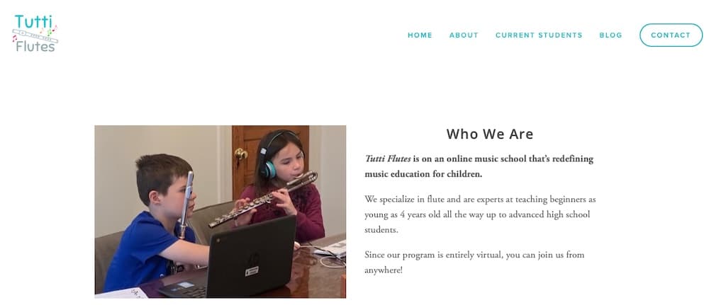 A screenshot of theTutti Flutes website.
