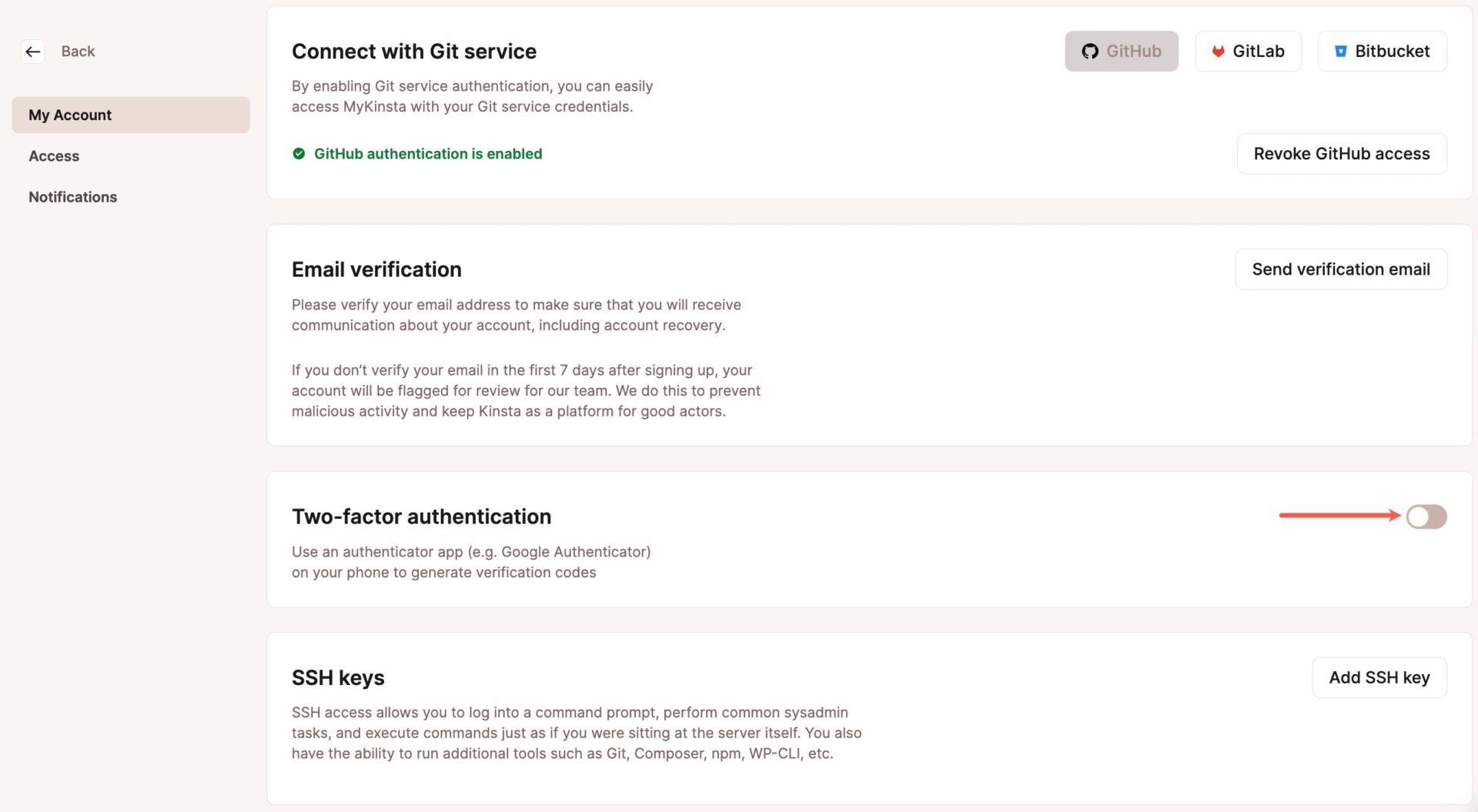 A screenshot showing a user enabling 2FA in the MyKinsta dashboard.