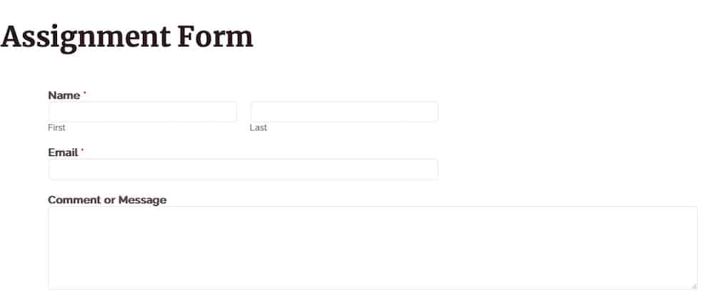 A screenshot of an online form created using the WPForms plugin and inserted within a WordPress page.