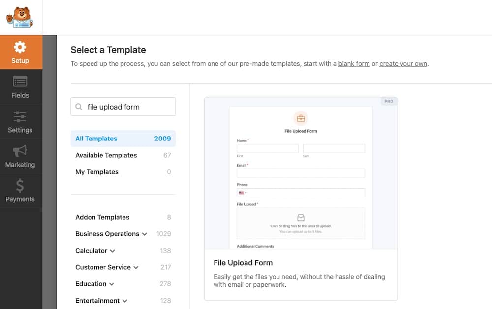 A screenshot of the dialog for creating a file-upload form within the WPForms WordPress plugin.