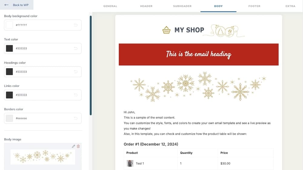 Screenshot of the interface provided by the YITH WooCommerce Email Templates plugin.