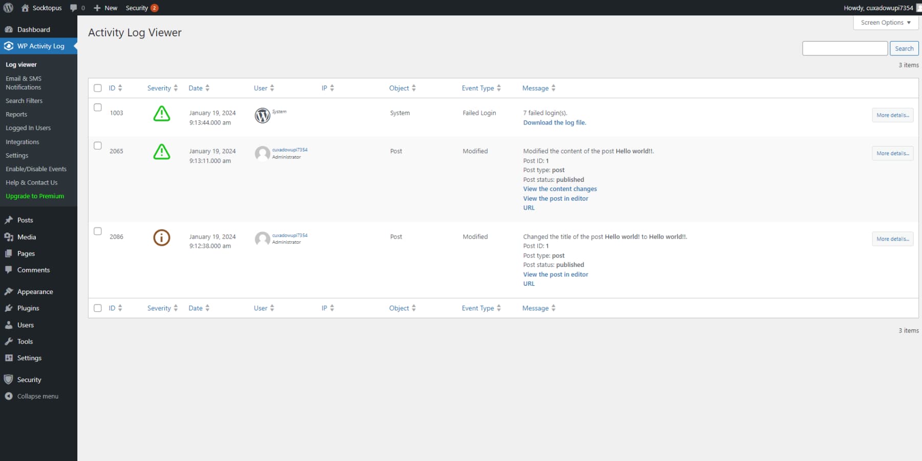  A screenshot of WP Activity Log's User Interface