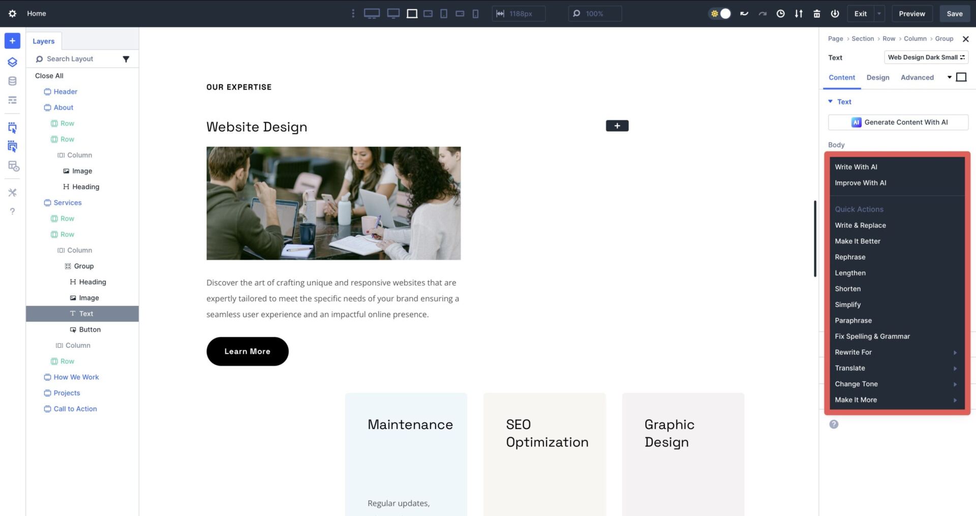 Divi AI options